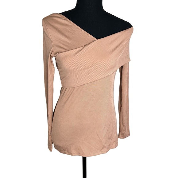 UNBRANDED Tops - WOMENS SEXY OFF SHOULDER TOP LONG SLEEVE CROSS VNECK RIBBED TAN SIZE S NWOT
